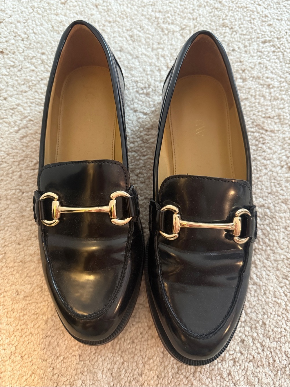 J. Crew Black Leather Loafers with Gold Horsebit